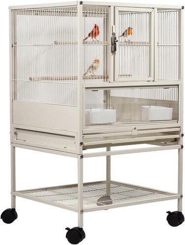 Bird cage for Budgies, Canaries, and Lovebirds, Small bird cage with Transparent design, Feeding cups, Wooden perches, Removable tray, Storage shelf, and Universal wheels, 84 cm (White)