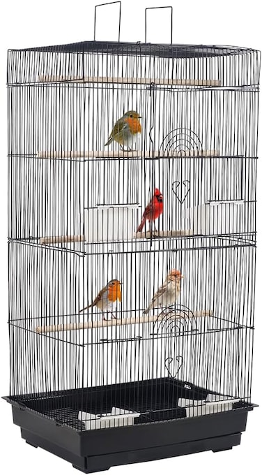 Bird cage with Portable handle, Wooden perches, Feeding cups, and Removable tray, Spacious metal wire indoor bird cage for Canaries, Finches, Lovebirds, and Other small birds, 98 cm (Black)