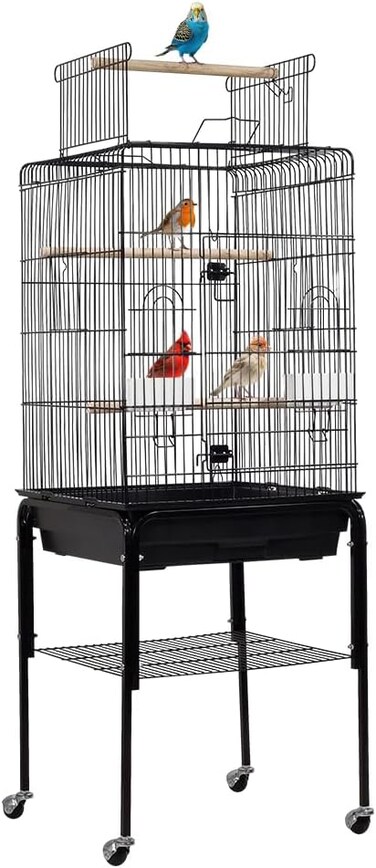 Rolling Bird cage with Open top design, Detachable stand, Feeding bowls, Slide-out tray, Storage shelf, and Universal wheels, Sturdy metal bird cage for Lovebirds and Budgies, 136 cm (Black)