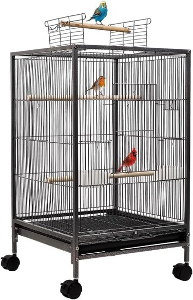 Bird cage with Open-top design, Wooden perches, Food bowls, Removable tray, and Universal wheels, Durable wrought iron bird cage for Lovebirds, Canaries, and Budgies, Easy assembly, 79 cm (Black)