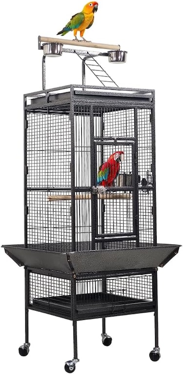 Heavy-duty metal bird cage for Small to Medium Parrots, Wrought iron bird cage with Play-top area, Wooden perches, Feeding cups, Removable Tray, and Universal Wheels, Easy assembly, 154 cm (Black)