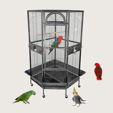 Corner bird cage for Parrots, Macaws and Parakeets, Heavy-duty metal large bird cage with Wooden perch, Stainless steel food bowls, Removable tray, and Universal wheels, 162 cm (Black)