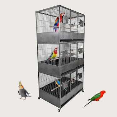 Large triple stackable bird cage with Wooden perches, Food bowls, Removable tray, and Universal wheels, Wrought iron bird breeding cage for Parakeets, Lovebirds, and Cockatiels, 186 cm (Black)