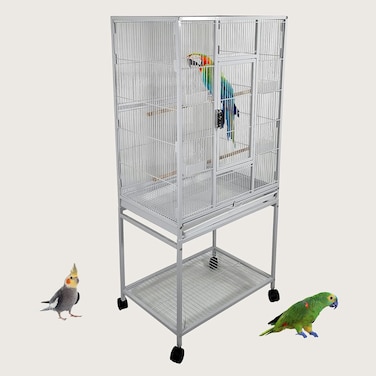 Bird cage for small to medium birds, Wrought iron bird flight cage with Wooden perches, Feeding bowls, Removable tray, Storage shelf, and Universal wheels, 136 cm (White)