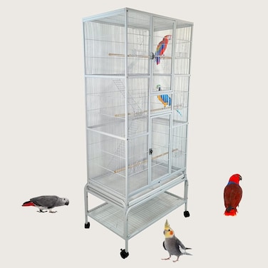 Bird cage with Detachable rolling stand, Wooden perches, Feeding cups, Climbing ladder, Storage shelf, and Universal wheels, Sturdy metal bird cage for small to medium birds, 170 cm (White)