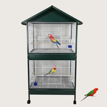 House-shape bird cage for Lovebirds, Finches, and Canaries, Double layer heavy-duty bird cage with Wooden perches, Feeding cups, Slide-out tray, and Universal wheels, Easy assembly, 158 cm (Green)