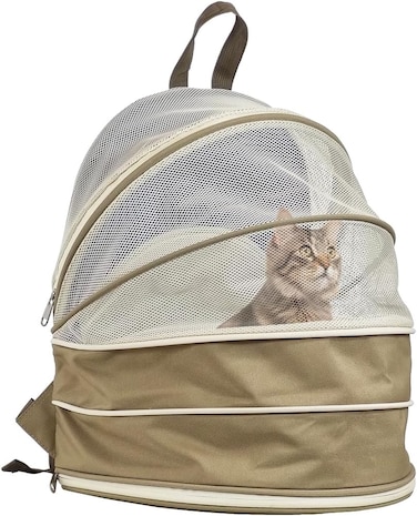 Portable pet backpack carrier with Breathable mesh, Durable zipper, Removable mat, and Adjustable shoulder straps, Comfortable pet travel bag for cats &amp; small dogs, 48 cm (Beige)