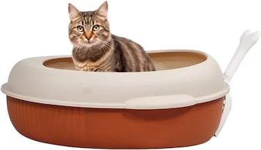 Semi-enclosed cat litter box with Durable PP material, Splash proof design, and Litter scoop, Detachable &amp; Spacious for cats to turn around comfortably, Easy to clean, 38 cm (Brown)