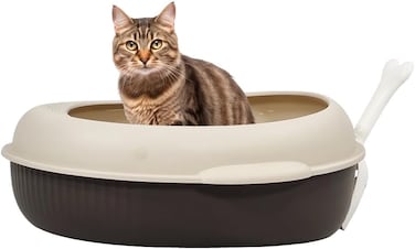 Semi-enclosed cat litter box with Durable PP material, Splash proof design, and Litter scoop, Detachable &amp; Spacious for cats to turn around comfortably, Easy to clean, 38 cm (Chocolate)