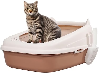 Large cat litter box with Durable plastic material, Leak-proof design, Sand filter holes, and Litter scoop, Semi-enclosed cat litter box for indoor cats &amp; kittens, Easy to clean, 58 cm (Chocolate)