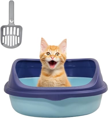 Semi-enclosed cat litter box with Leak-proof design, Litter scoop, and Detachable design, Durable plastic pet toilet for small to medium-sized cats, Easy to clean, 46 cm (Blue)