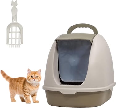 Portable fully enclosed cat litter box with Flip cover entrance, Litter scoop, and Detachable design, Durable plastic construction for Indoor/Outdoor use, Easy to clean, 38 cm (Grey)