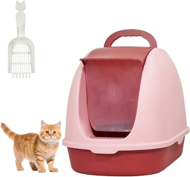 Portable fully enclosed cat litter box with Flip cover entrance, Litter scoop, and Detachable design, Durable plastic construction for Indoor/Outdoor use, Easy to clean, 38 cm (Pink)