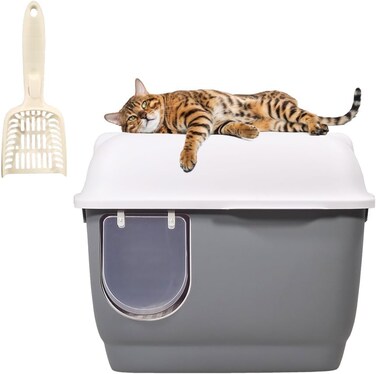 Enclosed cat litter box with Long corridor style cat litter box, Transparent door, Litter scoop, and Detachable design, Splash-proof cat toilet for Indoor/Outdoor use, 57 cm (Grey)
