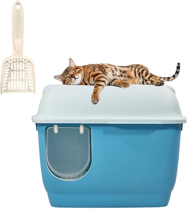Enclosed cat litter box with Long corridor style cat litter box, Transparent door, Litter scoop, and Detachable design, Splash-proof cat toilet for Indoor/Outdoor use, 57 cm (Blue)