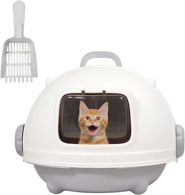 Fully enclosed cat litter box for Indoor/Outdoor use, Modern cat litter box with Portable handle, Transparent door, Litter scoop, and Non-slip design, Easy to clean, 56 cm (Grey)