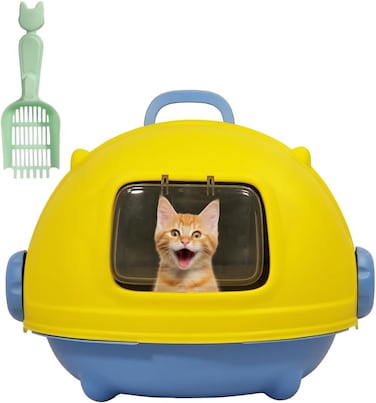 Fully enclosed cat litter box for Indoor/Outdoor use, Modern cat litter box with Portable handle, Transparent door, Litter scoop, and Non-slip design, Easy to clean, 56 cm (Yellow)