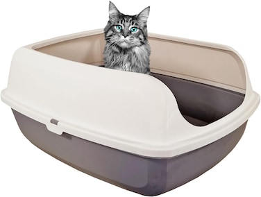 Open cat litter box for medium to large cats, High wall cat litter box with Detachable design, Raised edges, and Litter scoop, Suitable for indoor/outdoor use, Easy to clean, 54 cm (Grey)