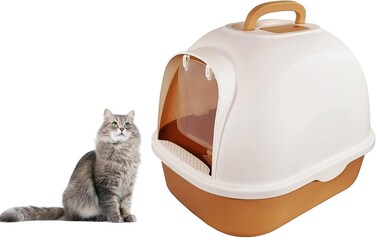 Enclosed cat litter box with Leak-proof &amp; Odor-control design, Durable PP material, Transparent door, Sand filter holes, and Integrated scoop, Ideal for medium to large cats, 53 cm (Brown)