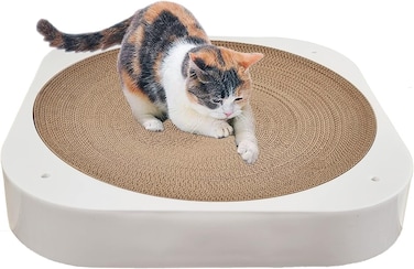 Cat scratching cardboard with Durable plastic construction, Catnip, and Non-slip base, Replaceable core double side cat scratching board for Indoor cats, Ideal for sharpening claws, 50 cm (White)