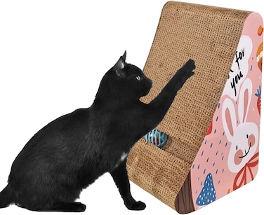 Triangle cat scratching board for indoor cats, Durable cardboard cat scratcher with Bell ball toy, Catnip, and Corrugated cardboard, Reversible cat scratcher for Claw sharpening, 34 cm (Pink)