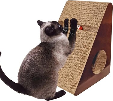 Dual-sided triangle cat scratcher with Catnip, Cat tunnel and Interactive ball, Reversible corrugated cat scratcher for indoor cats &amp; kittens, Cat relaxation spot, 37 cm (Chocolate)