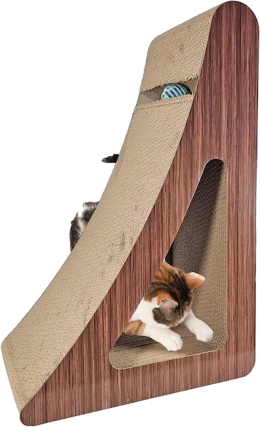 Cat scratching board for Indoor cats, Triangular cardboard with Play tunnel, Built-in teasing ball, and Catnip, Durable corrugated cat scratcher for playing and scratching, 55 cm (Chocolate)