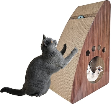 Cat scratching board for Indoor cats, Sturdy triangle corrugated cat scratcher with Catnip, built-in teasing ball, and Cat tunnel, Interactive cat toy for Claw sharpening &amp; Play, 55 cm (Chocolate)