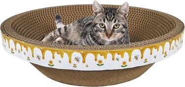 Round corrugated cardboard with Catnip, Eco-friendly material, and High-density cardboard, Reversible cat scratcher lounge for Indoor cats &amp; kittens, Claw maintenance tool, 40 cm (White)