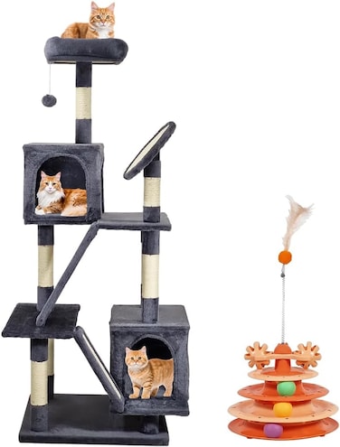 Multi-level cat tree tower with Cat turntable toy, Dangling ball, Sisal scratching board, Durable perch, and Cozy cat condo, Sturdy indoor cat tree for Climbing, Play &amp; Rest, 160 cm (dark grey)