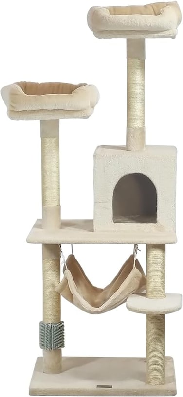Multi-level cat tree tower for Indoor cats, Cat climbing frame with Double soft perches, Cozy cat condo, Sisal scratching post, Spacious hammock, and Self-grooming brush 145 cm (Beige)