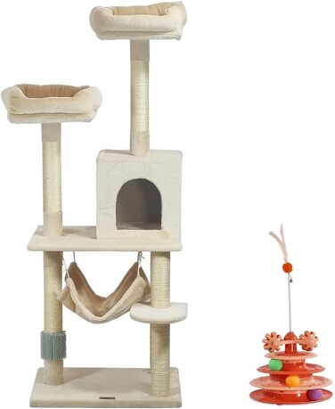 Multi-level cat tree tower for Indoor cats, Cat climbing frame with Cat turntable toy, Soft perches, Cozy cat condo, Scratching post, Spacious hammock, and self-grooming brush 145 cm (Beige)