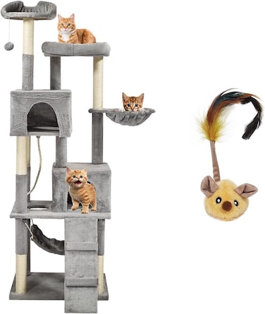 Multi-level cat tree with Cat toy mouse, Double perches, Scratching post, Cozy hammocks, Cozy cat condo, and Climbing ladder, Durable climbing tower for indoor cats, Easy to assemble, 182 cm (Grey)