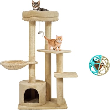 Cat tree tower activity center with Squeaking cat toys, Padded perch, Sisal scratching post, Cozy hammock, and Spacious cat condo, Multi-level cat tree for indoor cats, 108 cm (Beige)