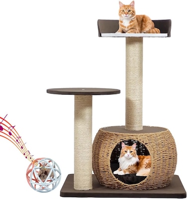 Modern cat tree tower for Indoor cats &amp; kittens, Cat tree activity center with Interactive cat toy, Double perches, Scratching post, and Durable Rattan cat condo, Easy assembly, 86cm (Chocolate)