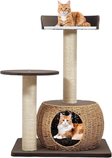 Modern cat tree tower for Indoor cats &amp; kittens, Cat tree activity center with Double perches, Scratching post, and Durable Rattan cat condo, Easy to assemble, 86cm (Chocolate)