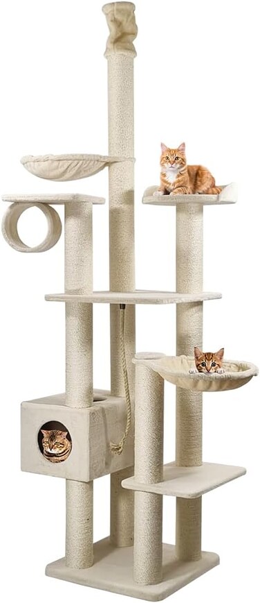 Tall cat tree climbing frame for Indoor cats, Floor-to-Ceiling cat tree tower with Adjustable Height, Scratching post, Curved perch, Cozy hammock, Tunnel, and Spacious cat condo, 250 cm (Beige)