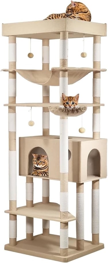 Multi-level cat tree tower for Large cats, Cat climbing frame with Large perch, Cozy hammock, Hanging balls, and Spacious cat condo, Suitable for Indoor Play &amp; Relaxation, 195 cm (Khaki)