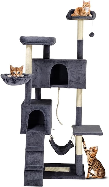 Cat tree, Multi-level cat tree tower with Padded perches, Dangling ball, Sisal scratching post, Double cat condo, Cozy hammock, and Climbing ladder, Ideal for indoor cats 180 cm (Dark-grey)