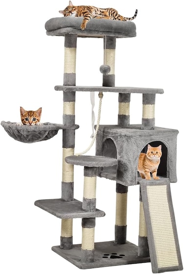 Multi-level cat tree tower with Padded perches, Dangling ball, Scratching post, Cozy hammock, Spacious cat condo, and Scratching ladder, Cat tree tower activity center for Indoor cats, 126 cm (Grey)