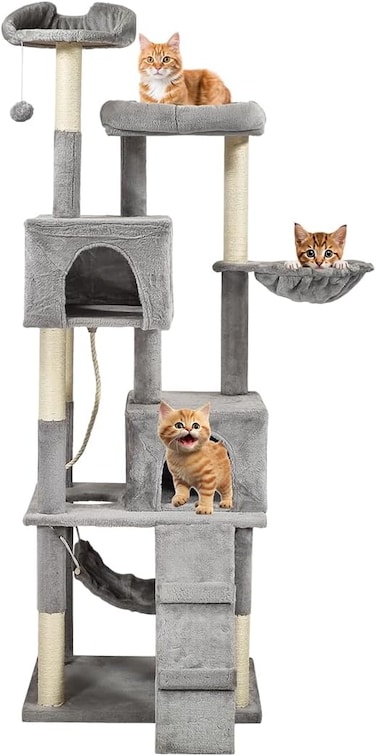 Multi-level cat tree with Double perches, Sisal scratching post, Cozy hammock, Cozy cat condo, and Climbing ladder, Durable climbing tower for indoor cats, Easy to assemble 182 cm (Grey)