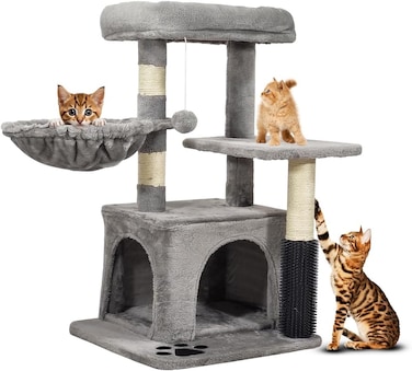 Cat tree tower for Indoor cats &amp; kittens, Multifunctional cat climbing tree with Self-grooming brush, Padded perch, Dangling ball, and Spacious cat condo, Easy to assemble, 78 cm (Grey)