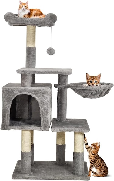 Multi-level cat tree for Indoor cats &amp; kittens, Cat tree tower activity center with Padded perch, Dangling ball, Scratching post, Cozy hammock, and Spacious cat condo, Easy assembly, 110 cm (Grey)