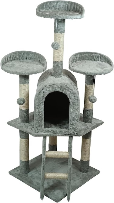 Multi-level cat tree tower with Plush perches, Dangling balls, Sisal scratching post, Cozy cat condos, and Climbing ladder, Cat tree activity center for indoor cats, Easy assembly, 125 cm (Grey)