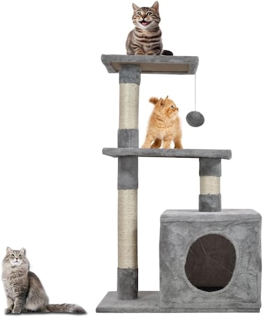 Cat tree tower with Flat perch, Dangling ball, Sisal scratching post, and Spacious cat condo, Multi-level cat tree for Indoor cats &amp; kittens, Modern pet furniture, Easy to assemble 80 cm (Grey)