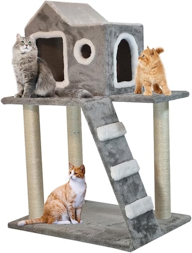 House-shaped cat tree for Indoor cats &amp; kittens, Cat scratcher climbing frame with Spacious cat condo, Sisal scratching post, and Climbing ladder, Easy to Assemble 95 cm (Grey)