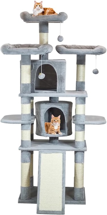 Multi-level cat tree tower for indoor cats Sturdy climbing structure with Padded perches, Dangling ball, Double cat condos, and Sisal scratching board, Easy to assemble, 163 cm (Grey)