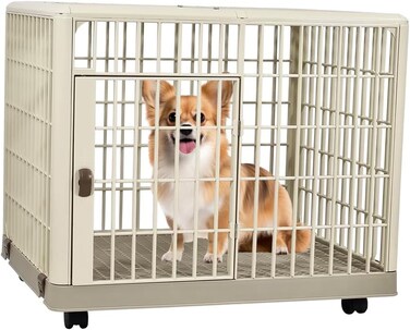 Dog cage for small to medium breeds, Spacious Indoor/Outdoor pet cage with Open-top design, Lockable door, Durable ABS material, and Universal wheels, Easy to assemble, 65 cm (Khaki)