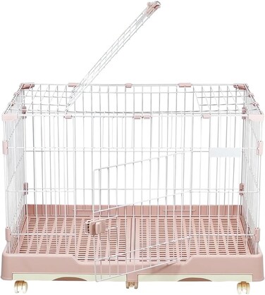 Foldable metal dog cage for Indoor Cats &amp; Dogs, Heavy-duty pet playpen with Open-top design, Lockable door, Removable tray, and Universal wheels, Easy to assemble, 98 cm (Pink)