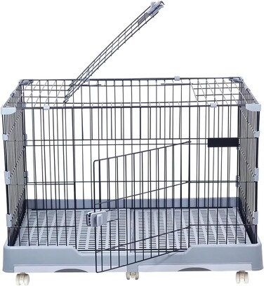 Foldable metal dog cage for Indoor Cats &amp; Dogs, Heavy-duty pet playpen with Open-top design, Lockable door, Removable tray, and Universal wheels, Easy to assemble, 98 cm (Grey)